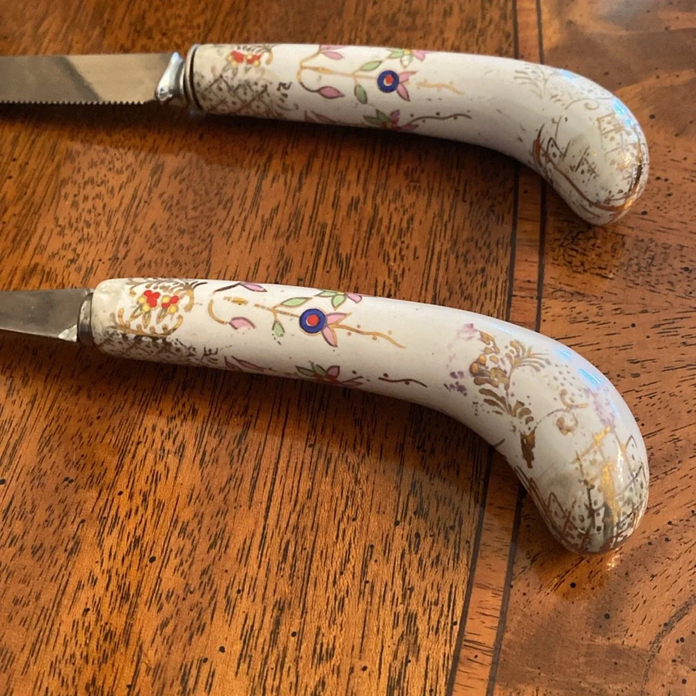Sheffield England Cheese Slicer & Knife Set Floral Design Porcelain Handles